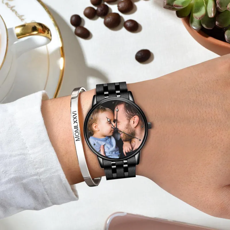 Custom Men's Black Alloy Watch, Personalization Photo and Text Watch 38mm