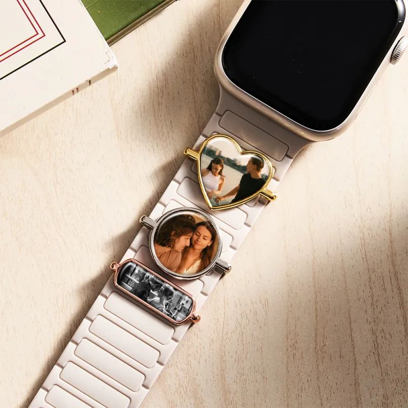 Custom Photo Engraved Watch Strap Charm, Personalized Smartwatch Beaded Accessory Couple Gifts