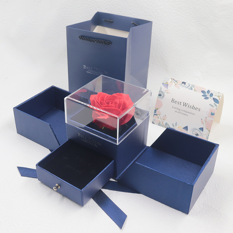 Acrylic Transparent Everlasting Flower Jewelry Box, Rose Flower Double-Layer Drawer Necklace Box