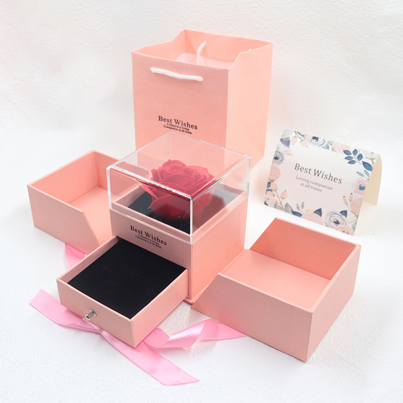 Acrylic Transparent Everlasting Flower Jewelry Box, Rose Flower Double-Layer Drawer Necklace Box