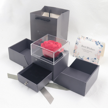 Acrylic Transparent Everlasting Flower Jewelry Box, Rose Flower Double-Layer Drawer Necklace Box