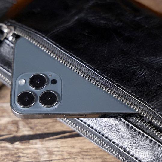 Black Leather Crossbody Bag - Motorcycle Phone Chest Pack YH0111