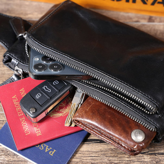 Black Leather Crossbody Bag - Motorcycle Phone Chest Pack YH0111