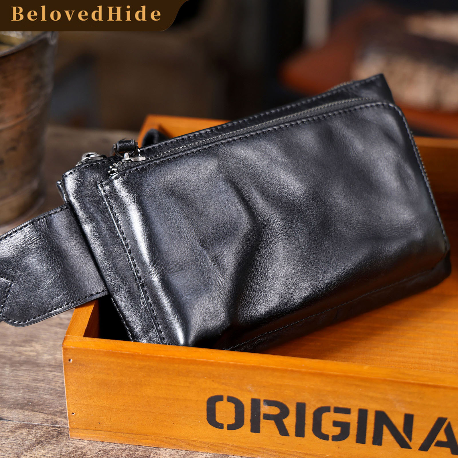 Black Leather Crossbody Bag - Motorcycle Phone Chest Pack YH0111