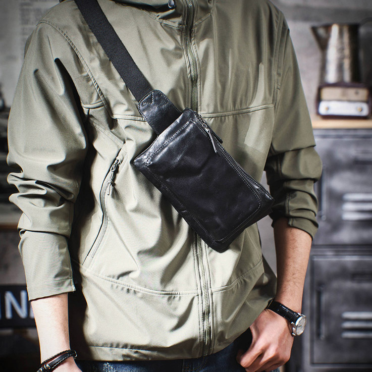 Black Leather Crossbody Bag - Motorcycle Phone Chest Pack YH0111