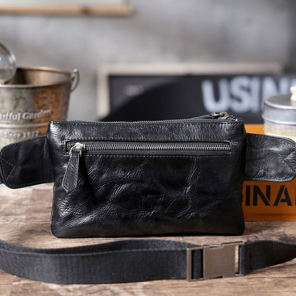 Black Leather Crossbody Bag - Motorcycle Phone Chest Pack YH0111