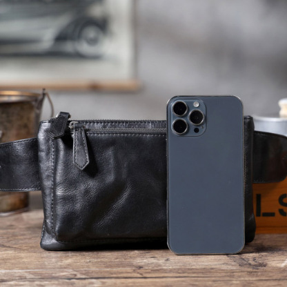Black Leather Crossbody Bag - Motorcycle Phone Chest Pack YH0111