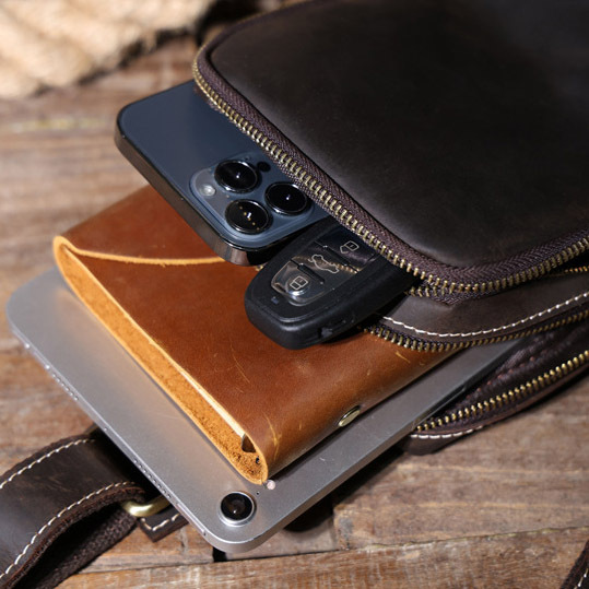 Brown Men's Leather Crossbody Bag - Vintage Chest Phone Sling YH0328-brown