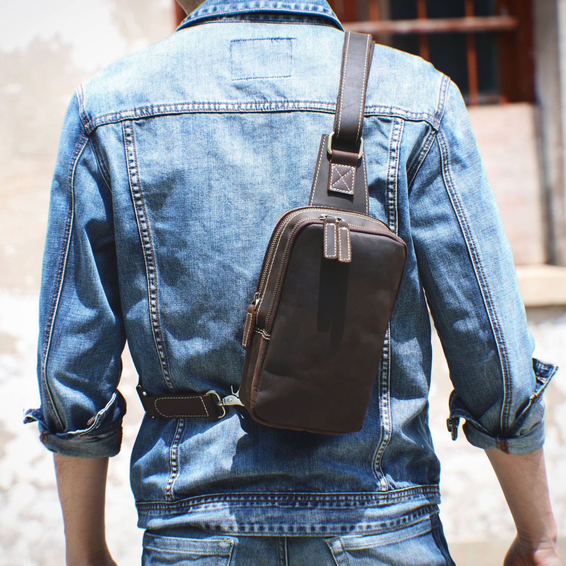 Brown Men's Leather Crossbody Bag - Rugged Chest Phone Pack