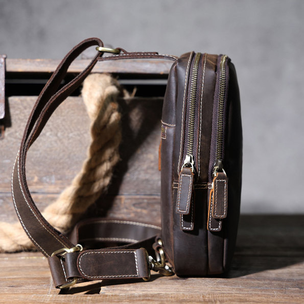 Brown Men's Leather Crossbody Bag - Rugged Chest Phone Pack