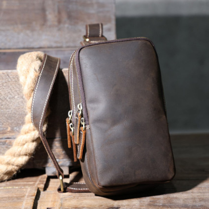 Brown Men's Leather Crossbody Bag - Rugged Chest Phone Pack