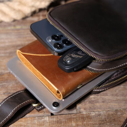 Brown Men's Leather Crossbody Bag - Rugged Chest Phone Pack