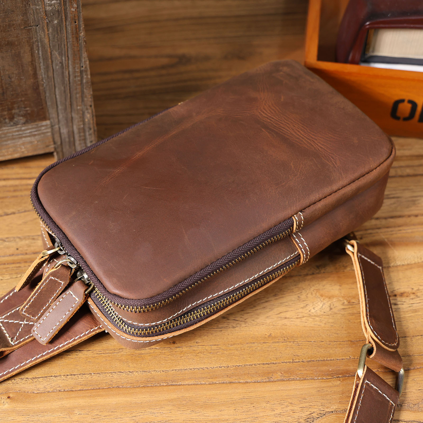 Brown Men's Leather Crossbody Bag - Vintage Chest Phone Sling YH0328-brown