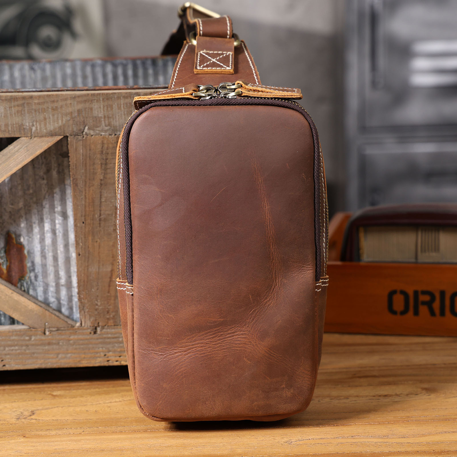 Brown Men's Leather Crossbody Bag - Vintage Chest Phone Sling YH0328-brown