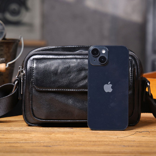 Black Leather Crossbody Bag - Men's Urban Phone Sling Pack