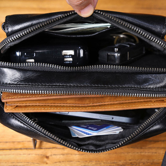 Black Leather Crossbody Bag - Men's Urban Phone Sling Pack