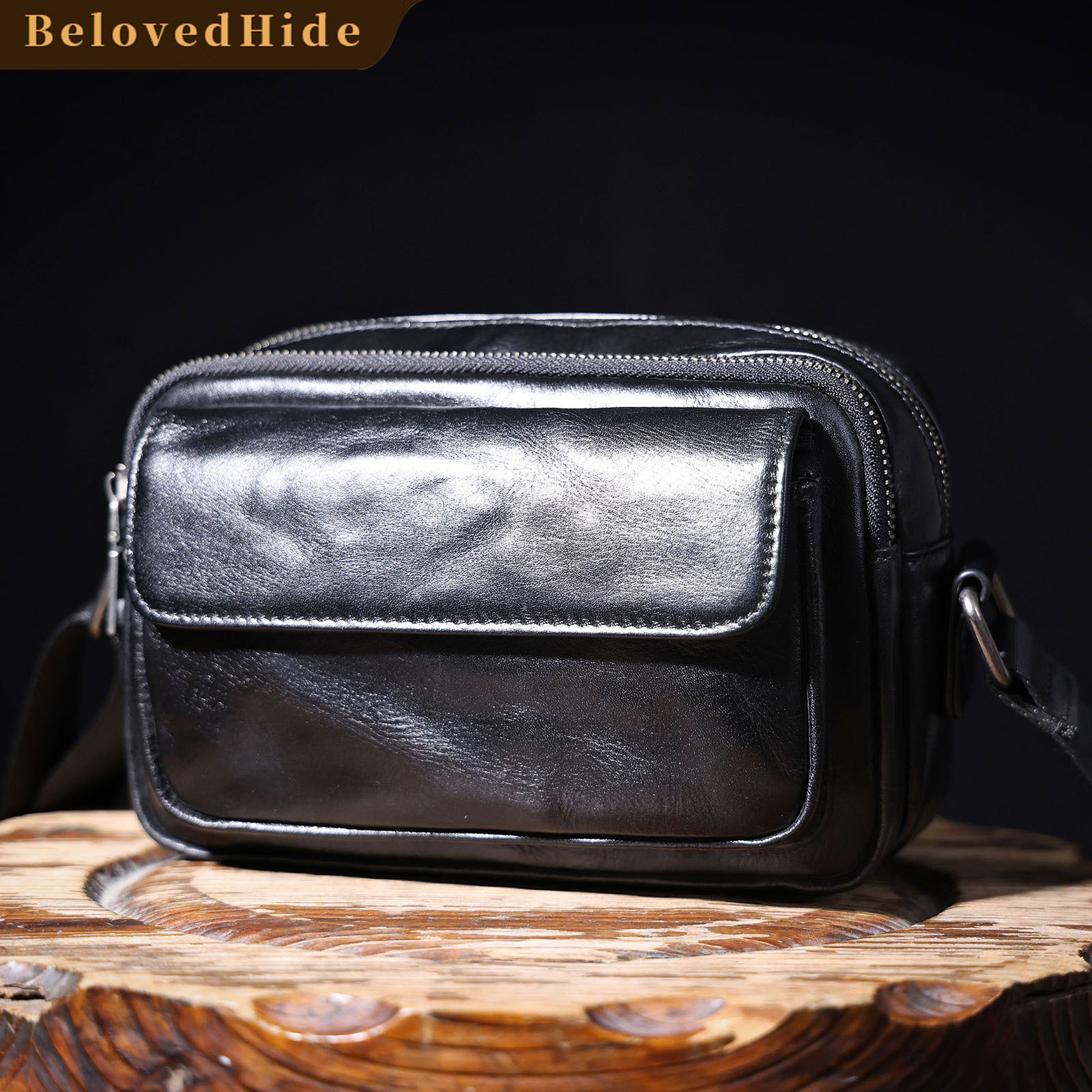 Black Leather Crossbody Bag - Men's Urban Phone Sling Pack