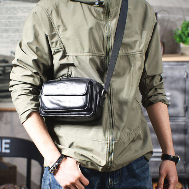Black Leather Crossbody Bag - Men's Urban Phone Sling Pack
