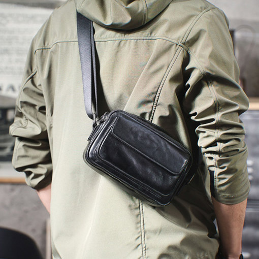 Black Leather Crossbody Bag - Men's Urban Phone Sling Pack