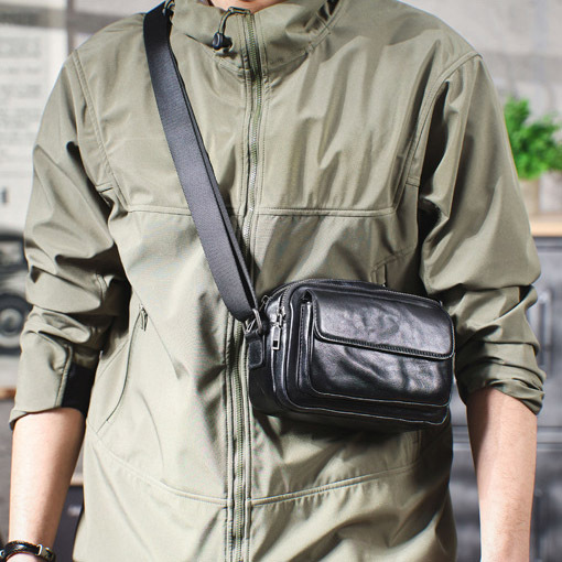 Black Leather Crossbody Bag - Men's Urban Phone Sling Pack