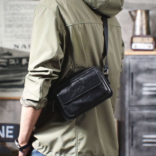 Black Leather Crossbody Bag - Men's Urban Phone Sling Pack