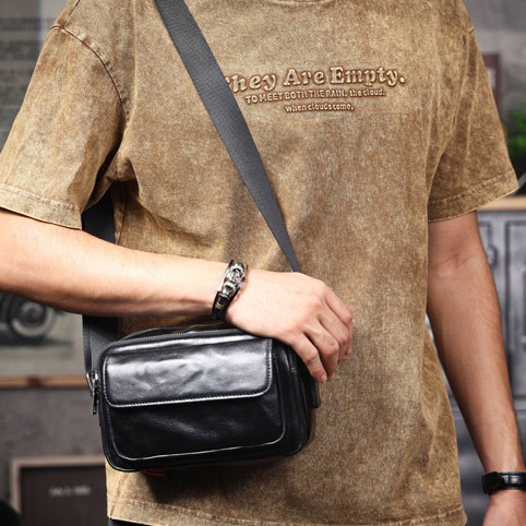Black Leather Crossbody Bag - Men's Urban Phone Sling Pack