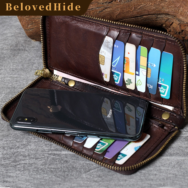 Italian Veg-Tanned Leather Long Bifold Wallet – Vintage Phone Holder & Zip Pocket YH6020