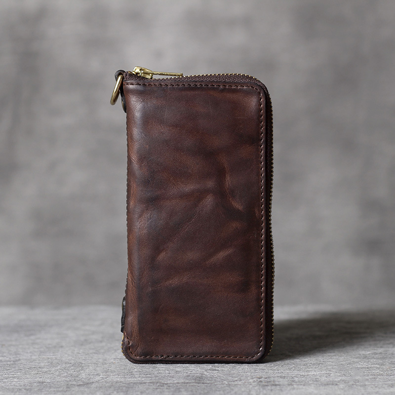 Italian Veg-Tanned Leather Long Bifold Wallet – Vintage Phone Holder & Zip Pocket YH6020
