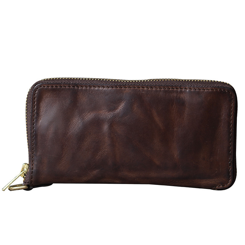 Italian Veg-Tanned Leather Long Bifold Wallet – Vintage Phone Holder & Zip Pocket YH6020