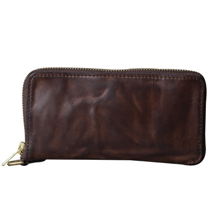 Italian Veg-Tanned Leather Long Bifold Wallet – Vintage Phone Holder & Zip Pocket YH6020