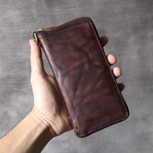 Italian Veg-Tanned Leather Long Bifold Wallet – Vintage Phone Holder & Zip Pocket YH6020