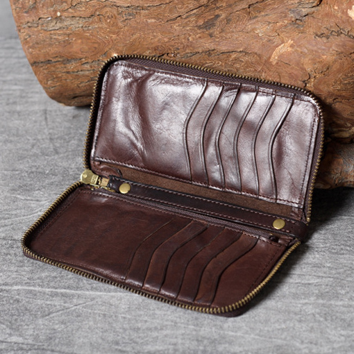 Italian Veg-Tanned Leather Long Bifold Wallet – Vintage Phone Holder & Zip Pocket YH6020