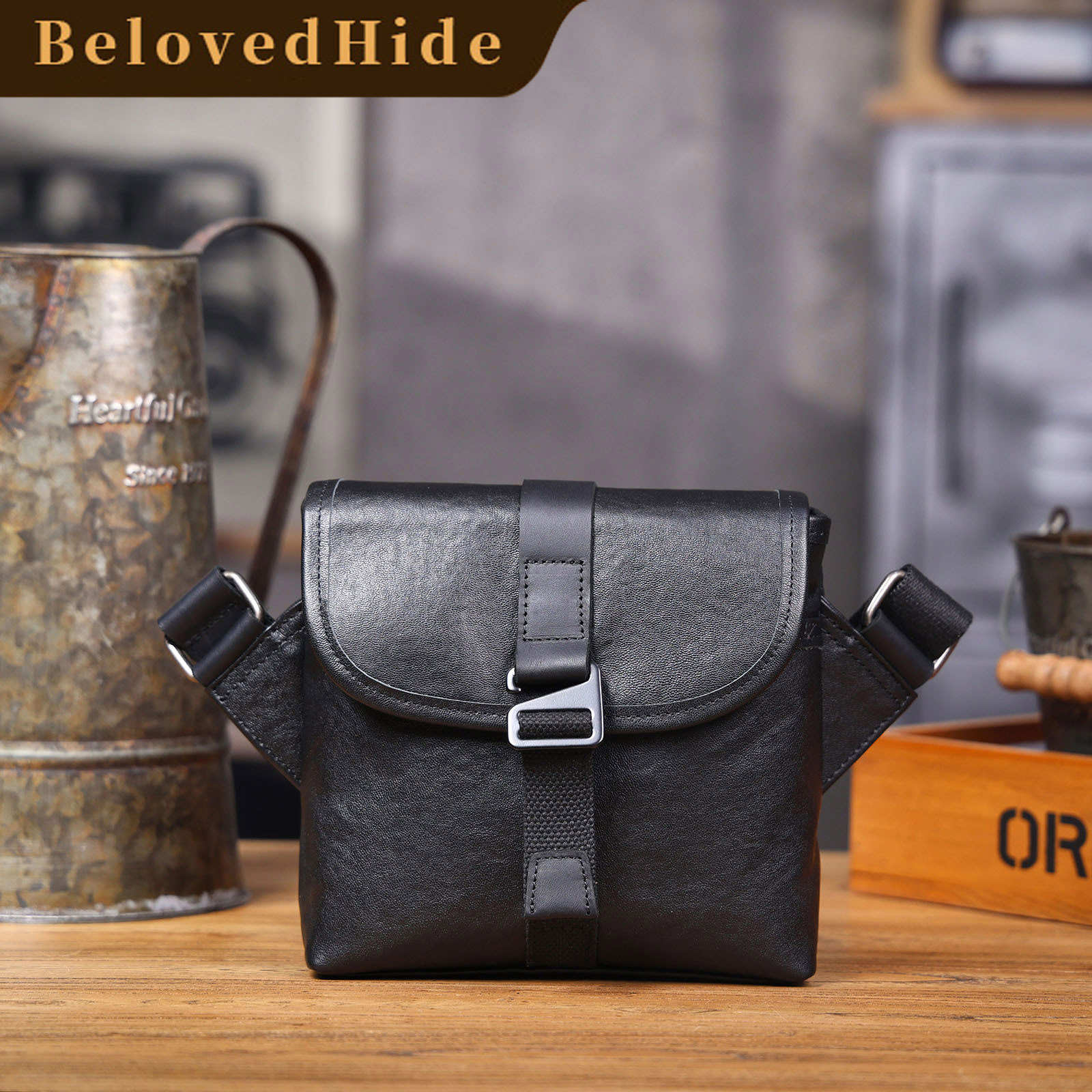Black Leather Crossbody Bag - Men's Minimalist Phone Sling