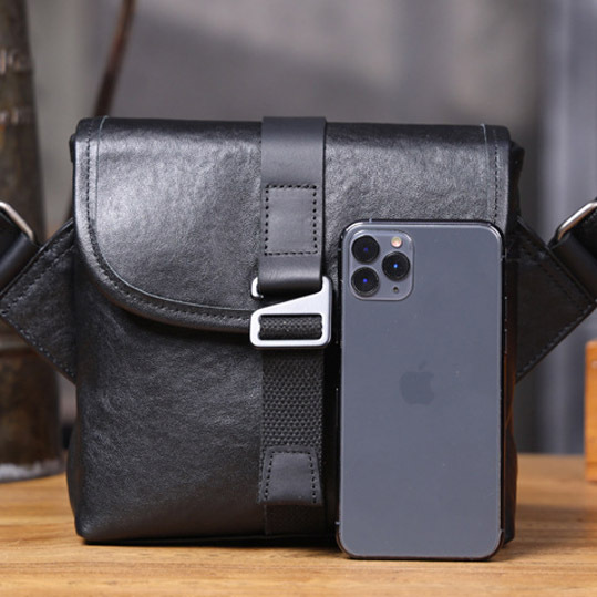 Black Leather Crossbody Bag - Men's Minimalist Phone Sling