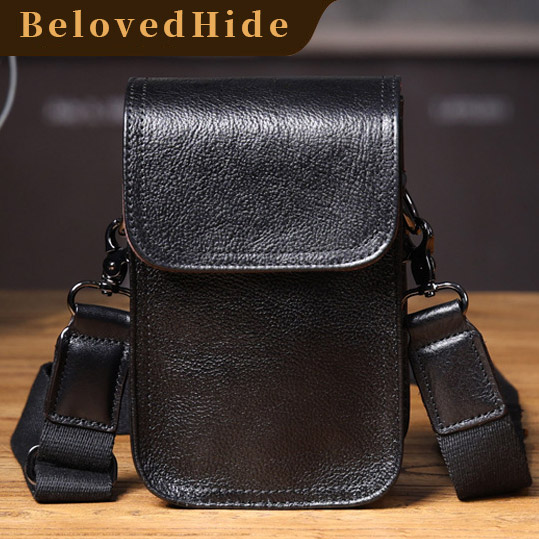 Black Leather Crossbody Bag - Sleek Men's Phone Waist Pack