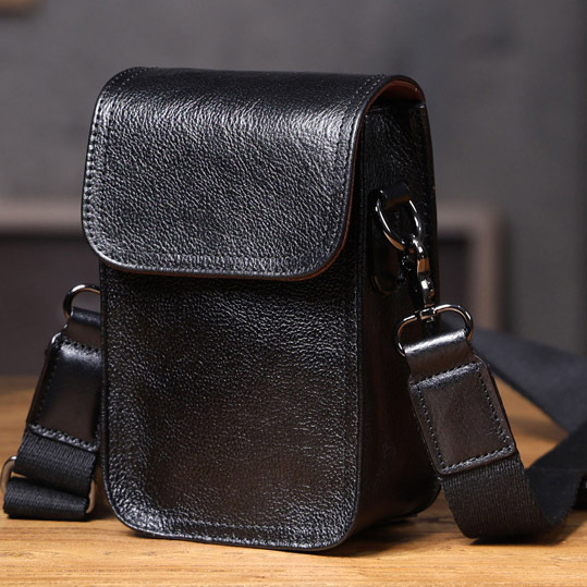 Black Leather Crossbody Bag - Sleek Men's Phone Waist Pack