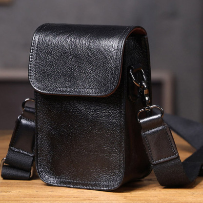 Black Leather Crossbody Bag - Sleek Men's Phone Waist Pack