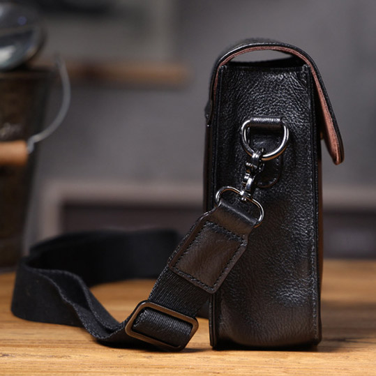 Black Leather Crossbody Bag - Sleek Men's Phone Waist Pack