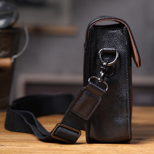 Black Leather Crossbody Bag - Sleek Men's Phone Waist Pack