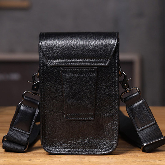 Black Leather Crossbody Bag - Sleek Men's Phone Waist Pack