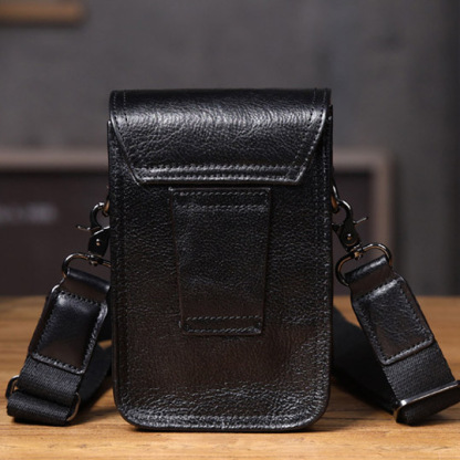 Black Leather Crossbody Bag - Sleek Men's Phone Waist Pack