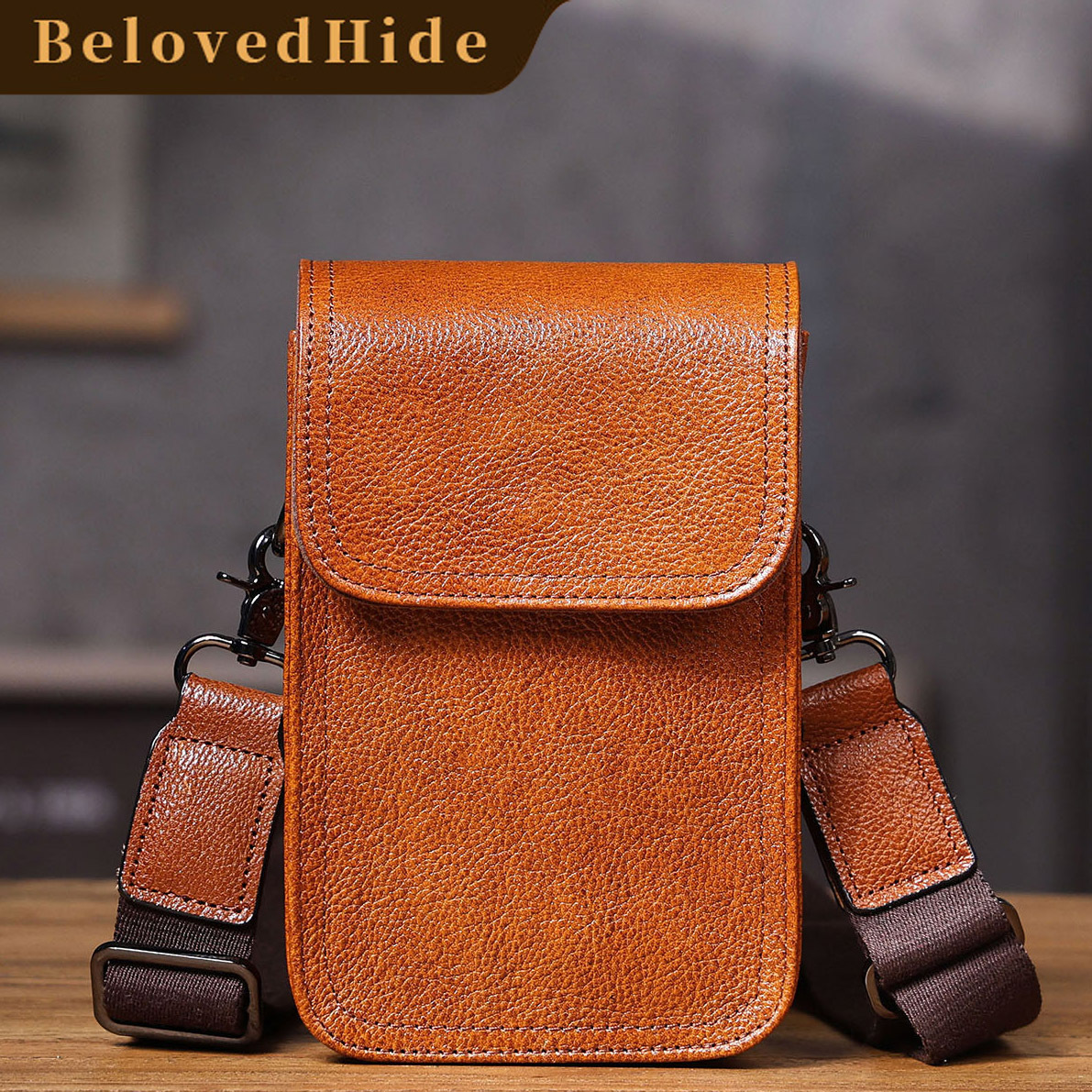 Brown Leather Waist Crossbody Bag - Mini Phone Sling Pack
