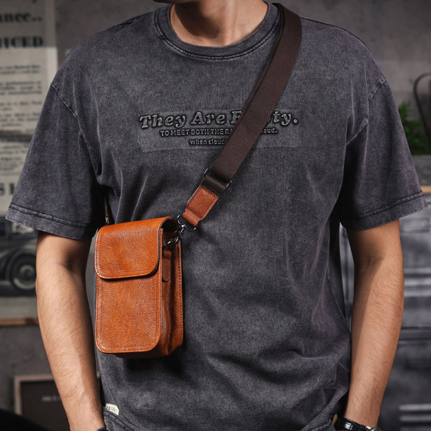 Brown Leather Waist Crossbody Bag - Mini Phone Sling Pack