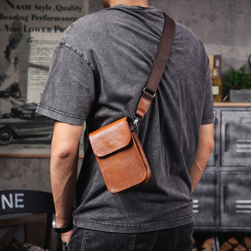 Brown Leather Waist Crossbody Bag - Mini Phone Sling Pack
