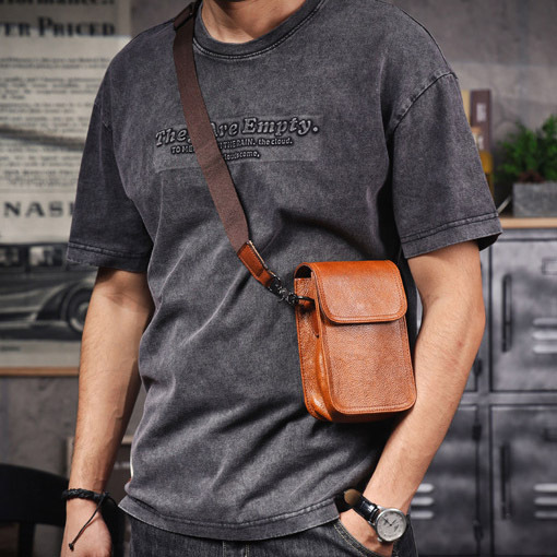 Brown Leather Waist Crossbody Bag - Mini Phone Sling Pack