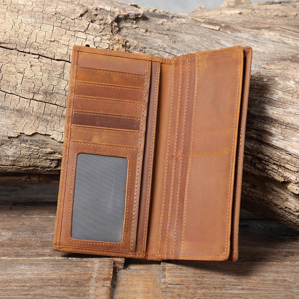 Vintage Crazy Horse Leather Long Bifold Wallet for Men – Multi-Card Slot Slim Phone Holder YHZY8030
