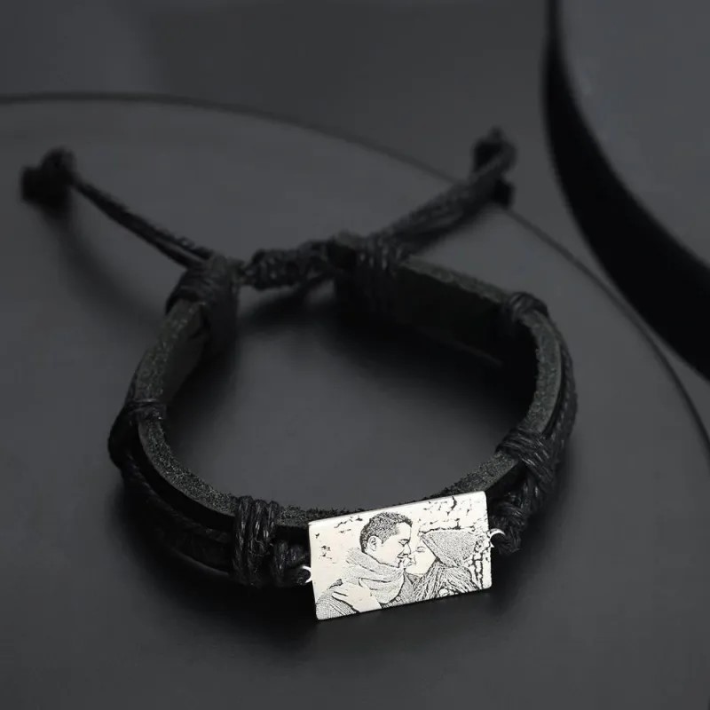 Men's Leather Bracelet with Custom Engraved Rectangle Tag – Personalized Photo Black Leather Strap
