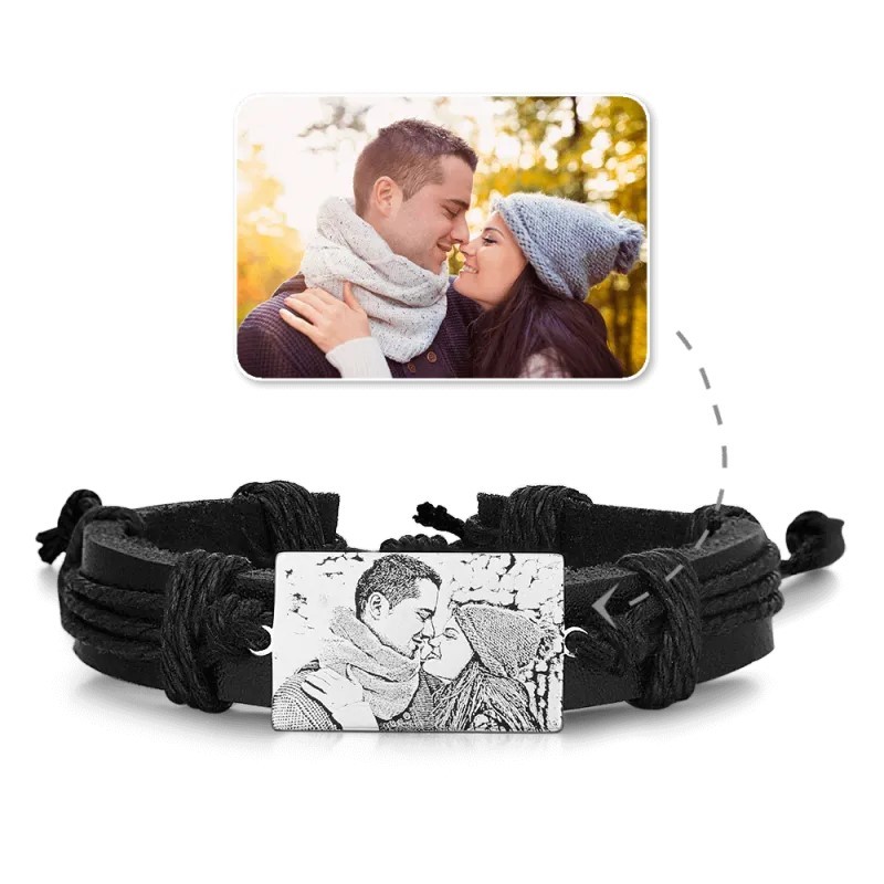 Men's Leather Bracelet with Custom Engraved Rectangle Tag – Personalized Photo Black Leather Strap