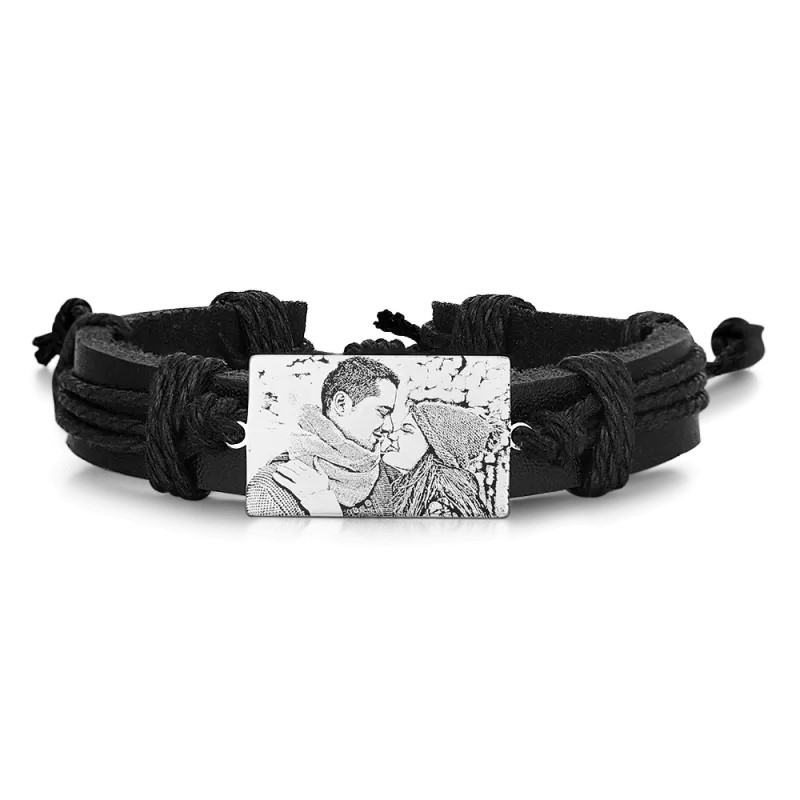 Men's Leather Bracelet with Custom Engraved Rectangle Tag – Personalized Photo Black Leather Strap