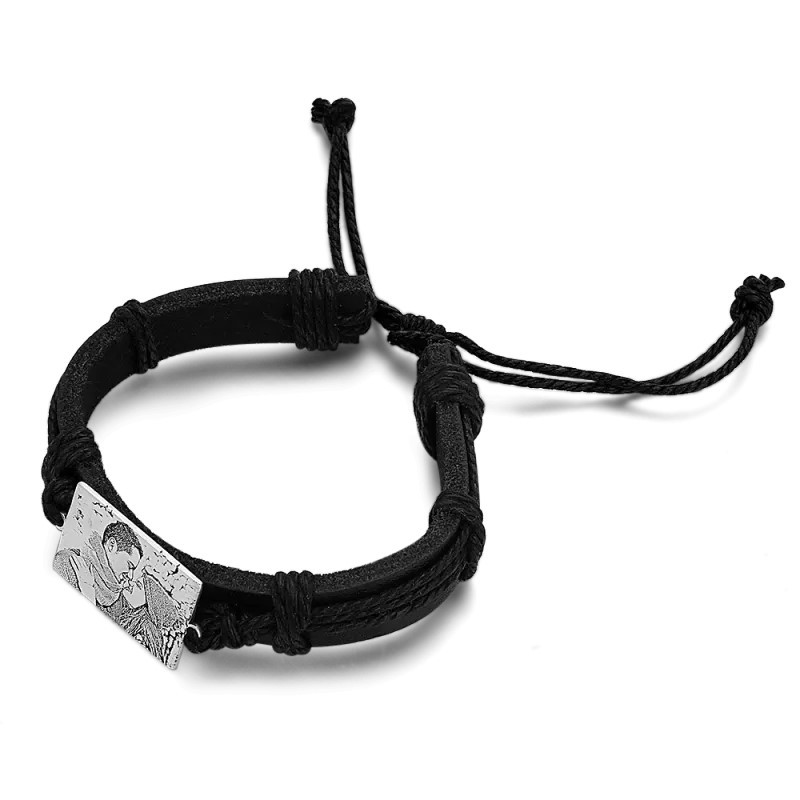Men's Leather Bracelet with Custom Engraved Rectangle Tag – Personalized Photo Black Leather Strap